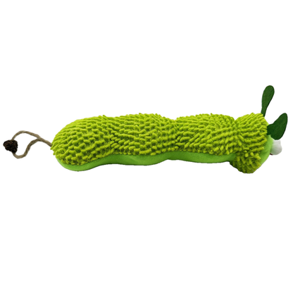 Caterpillar cat toy in green, side view showing tufted body, antennae and rear cord loop