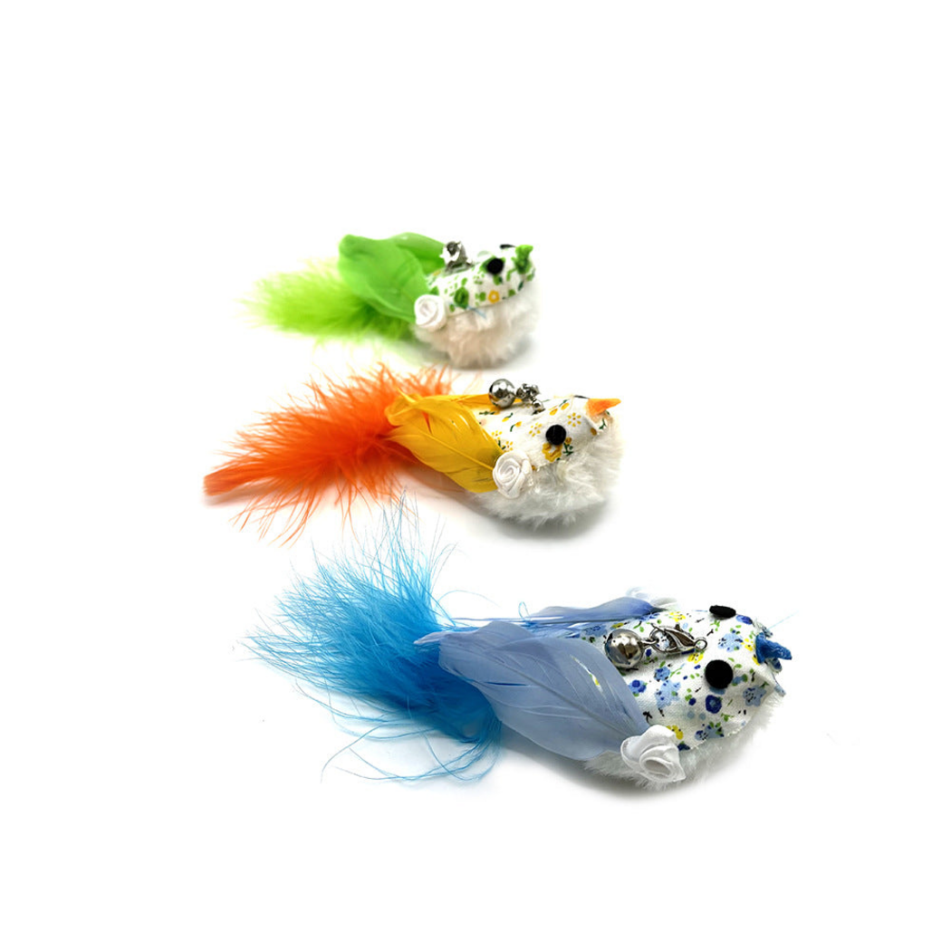 Green, Orange and Blue bird-shaped cat wand replacement heads in angled side views