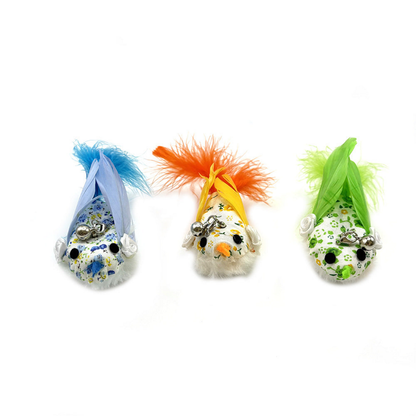 Blue, Orange and Green bird-shaped cat wand replacement heads viewed from the front