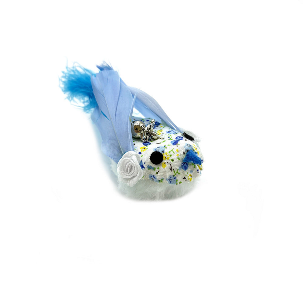Blue bird-shaped cat wand replacement head with floral print, feather wings, white rosette and bell