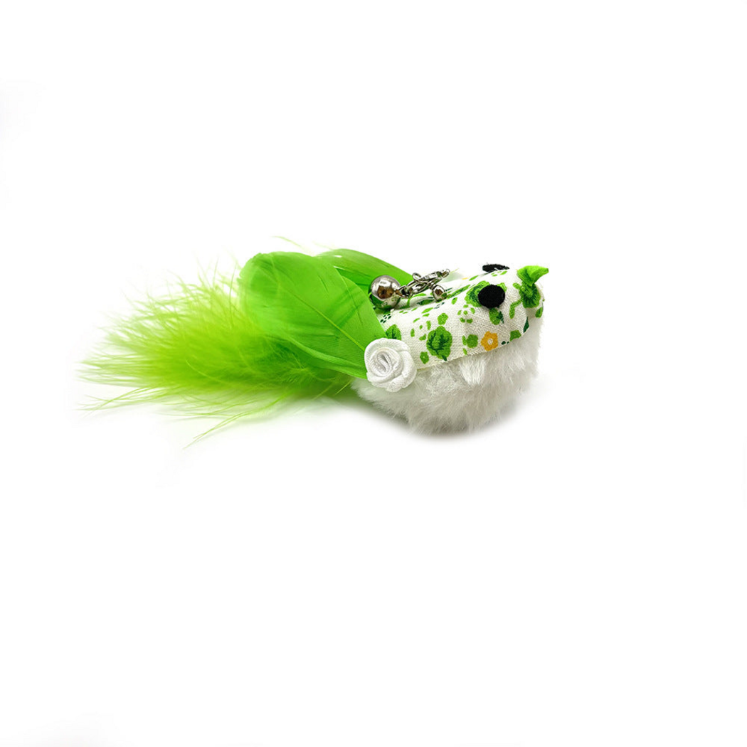 Green bird-shaped cat wand replacement head in side view with feather tail, white rosette and bell