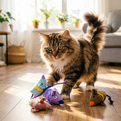 Tabby cat standing beside Pink, Purple, Blue and Brown mouse-shaped cat toys on a wooden floor