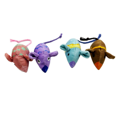 Pink, Purple, Blue and Brown mouse-shaped cat toys facing forward on white
