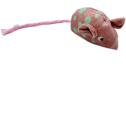 Pink mouse-shaped cat toy with mint polka dots and a pink cord tail
