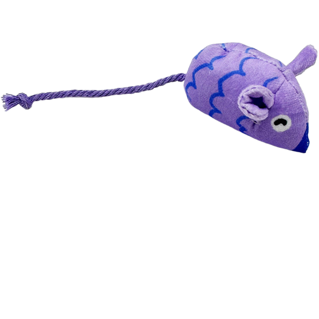 Purple mouse-shaped cat toy with blue scallop lines and a purple cord tail