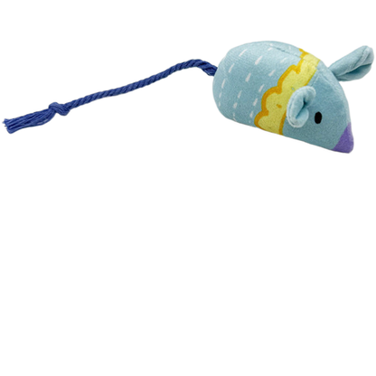 Blue mouse-shaped cat toy with white dashes, a yellow band and a blue cord tail