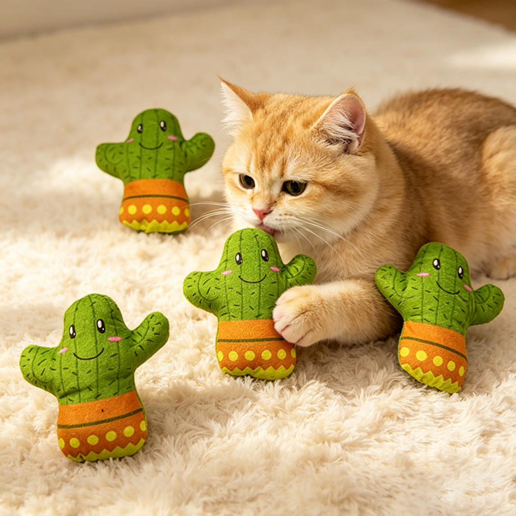 Cactus cat toys beside a golden cat on a cream rug