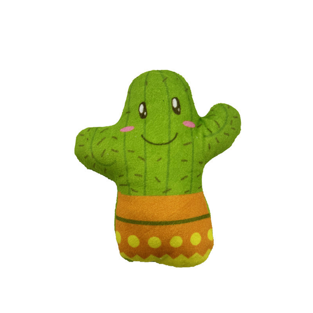 Cactus cat toy with a smiling green face and orange pot design, front view