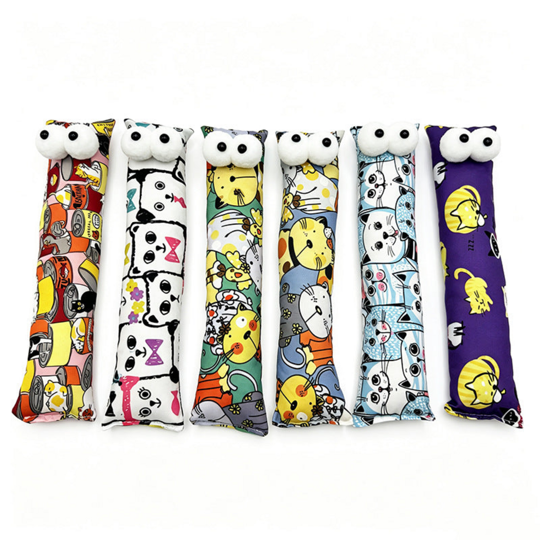 Orange, Black, Green, Yellow, Blue and Purple pillow cat toy designs displayed side by side