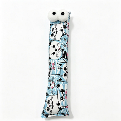 Blue pillow cat toy with white cartoon cat faces, pink details and two white eyes