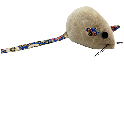 Mouse cat toy with floral ears and a long floral tail, side view