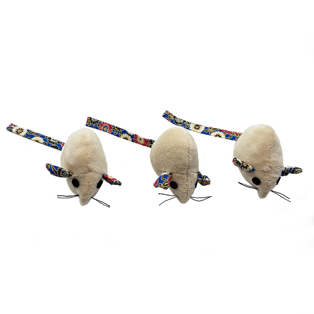 Three mouse cat toys showing floral ears, tails and black thread whiskers