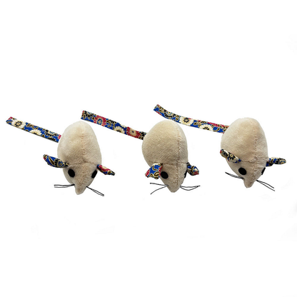 Three mouse cat toys showing floral ears, tails and black thread whiskers