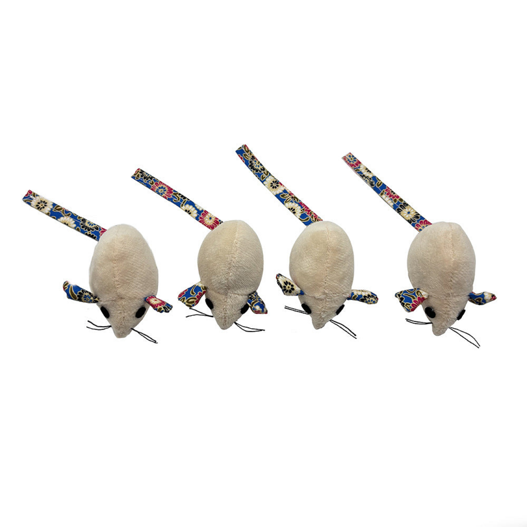 Four mouse cat toys in a row with long floral tails