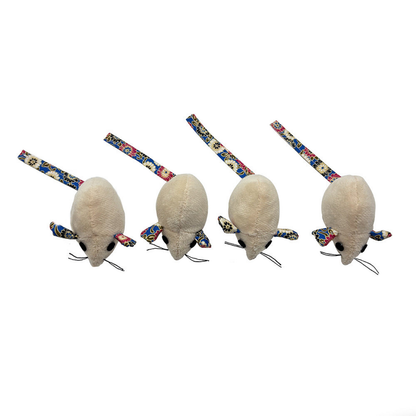 Four mouse cat toys in a row with long floral tails