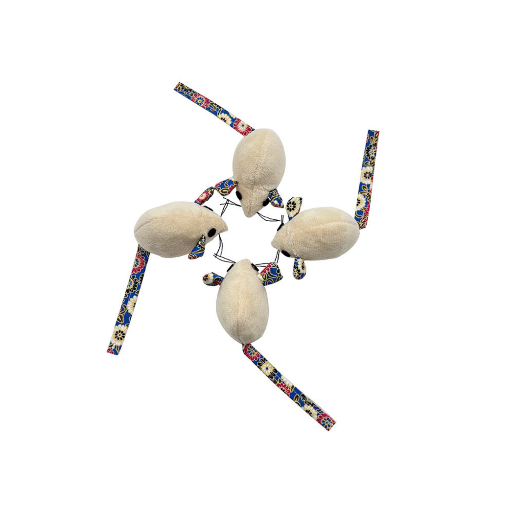 Four mouse cat toys arranged inward, showing side and back views