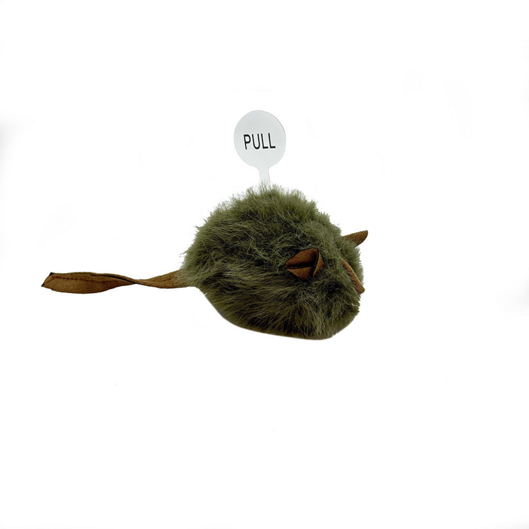 Army Green mouse-shaped cat toy with brown ears, nose and long tail, three-quarter view