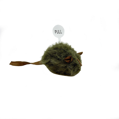 Army Green mouse-shaped cat toy with brown ears, nose and long tail, three-quarter view
