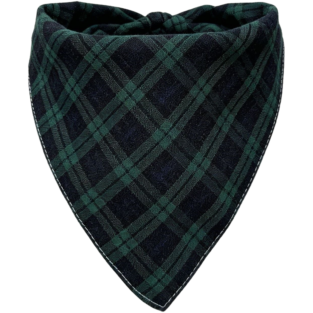 Green plaid triangular pet neckwear with a looped upper edge and visible stitching