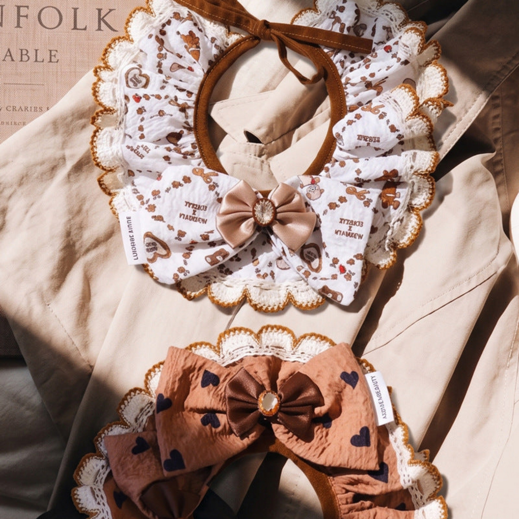 Animals and Hearts Pet Neckwear showing layered bows and scalloped edging