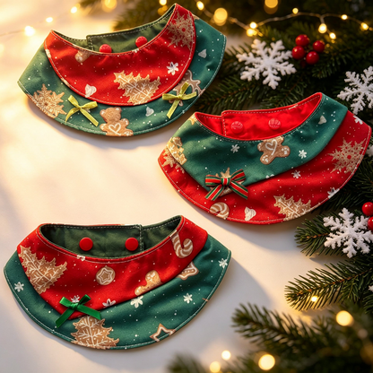 Three red and green Pet Neckwear bib styles displayed with bows and snap fasteners