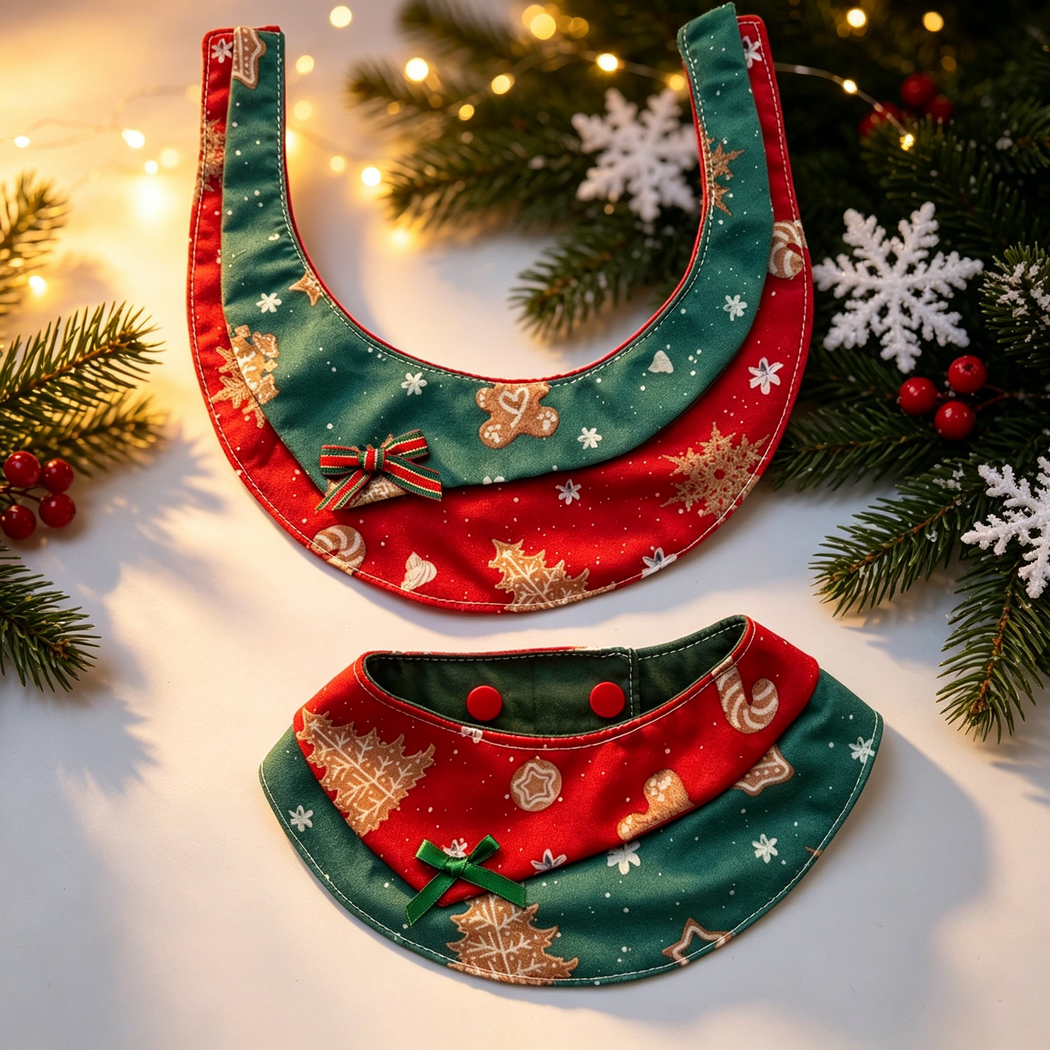 Red and green Pet Neckwear bibs shown open and fastened beside evergreen branches