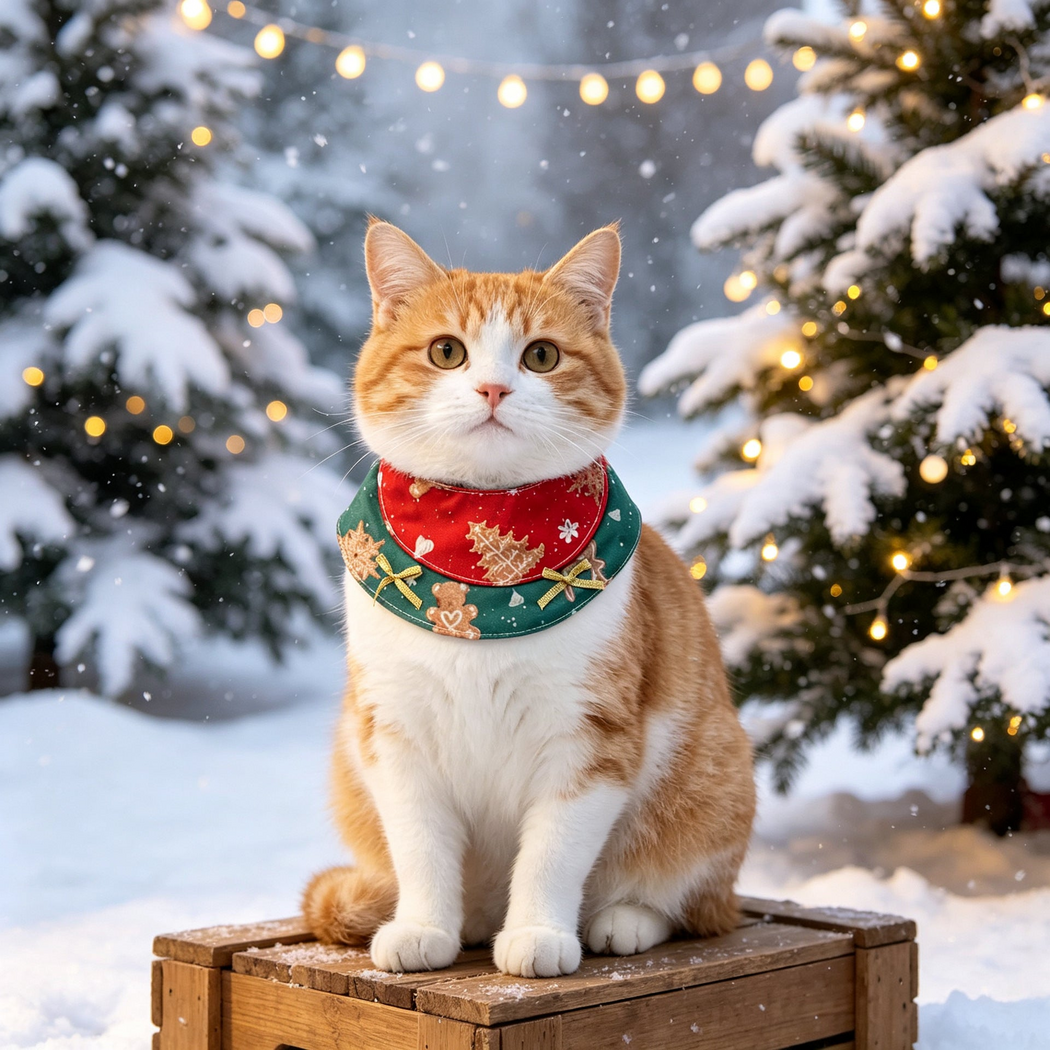 Orange and white cat wearing red and green Pet Neckwear with two gold bows in a snowy setting