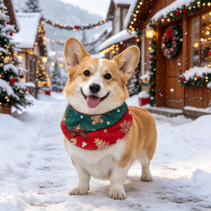 Corgi wearing red and green Pet Neckwear with a striped bow on a snowy street