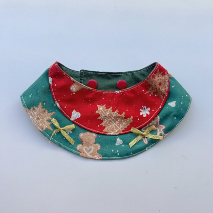 Double Bow Pet Neckwear with red and green curved panels and two gold bows