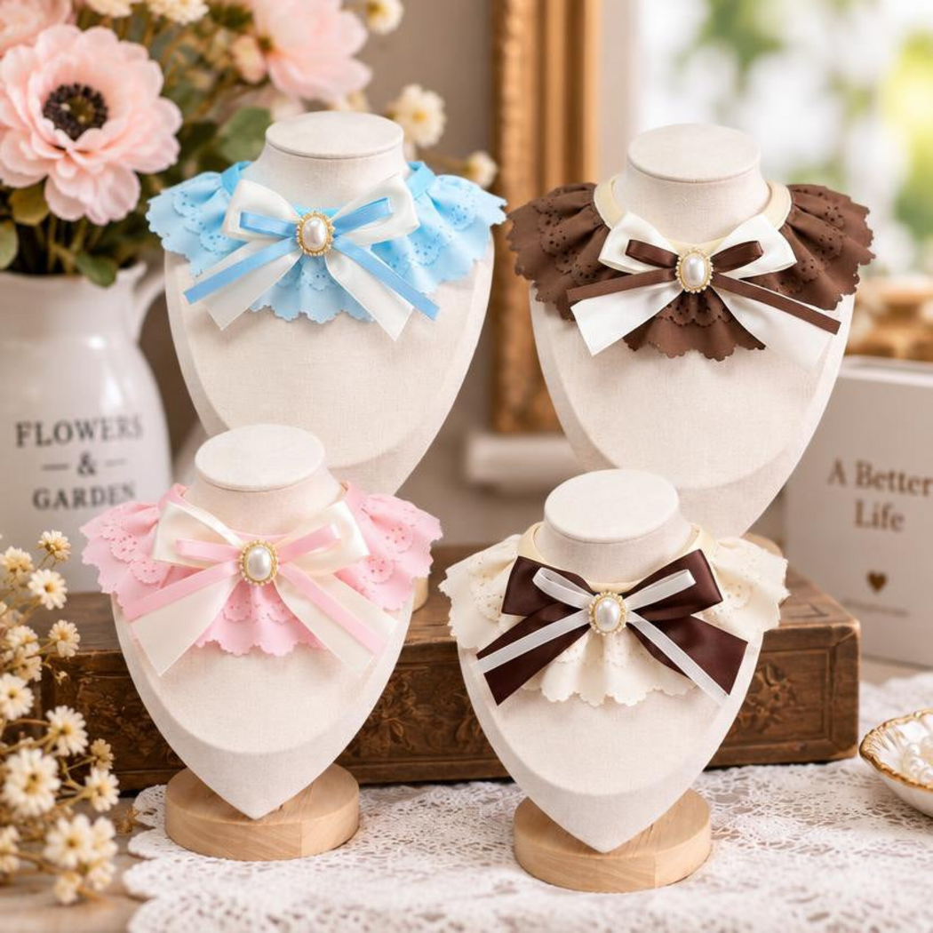 Blue, Brown, Pink and Ivory Pet Neckwear with layered bows displayed together