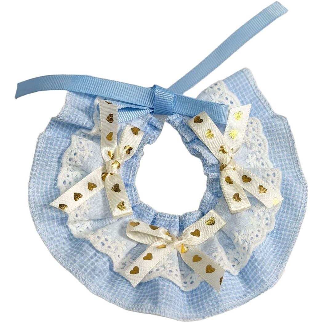Blue Pet Neckwear with white lace-look ruffles, heart-patterned bows and blue ribbon ties