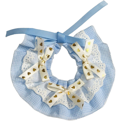 Blue Pet Neckwear with white lace-look ruffles, heart-patterned bows and blue ribbon ties