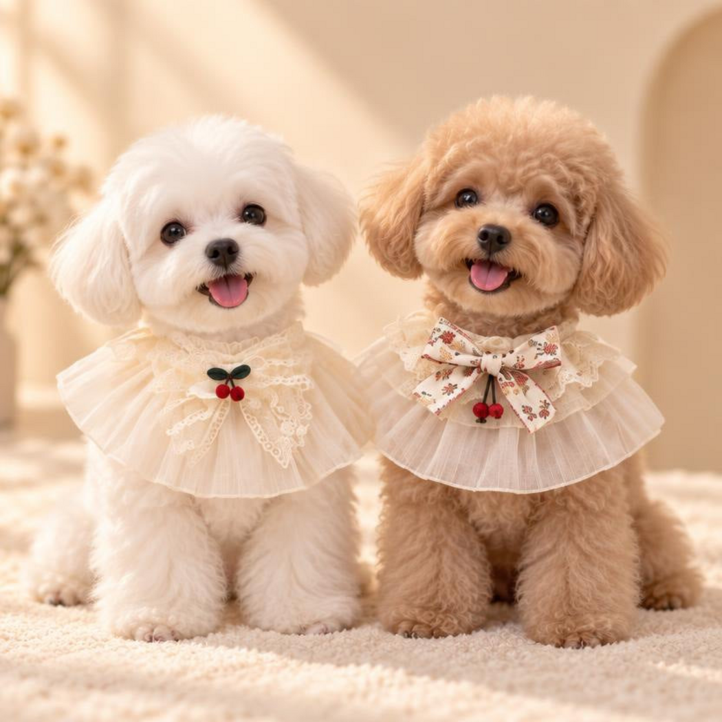 Two dogs wearing Cherry and Floral Pet Neckwear with pleated ruffles and bows