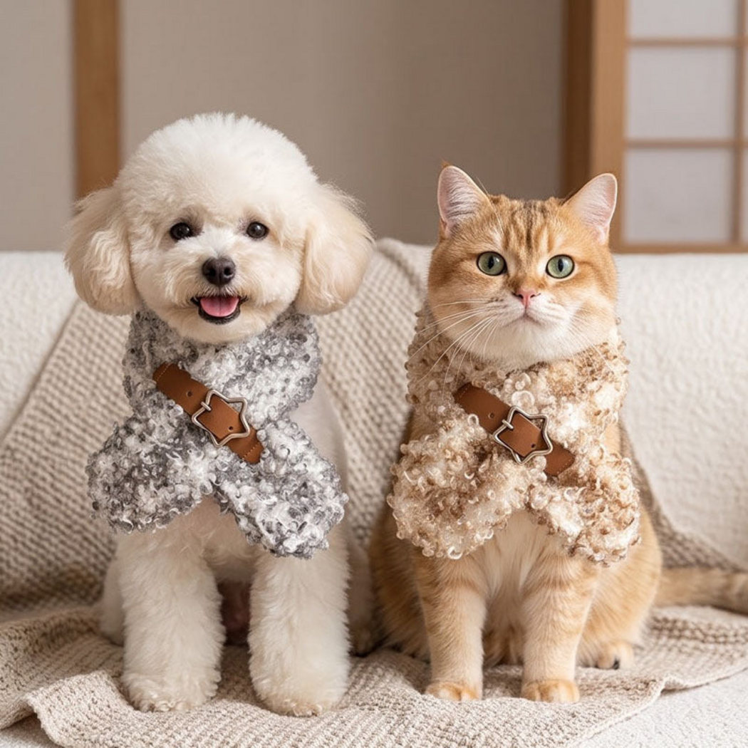 Gray and Camel pet neckwear with star-shaped buckles worn by a dog and cat on a sofa