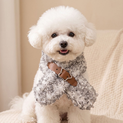 Gray pet neckwear with curled-loop texture and a star-shaped buckle worn by a white dog
