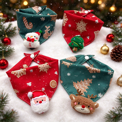 Santa, Tree, Reindeer and Snowman pet neckwear displayed together on a snowy festive background