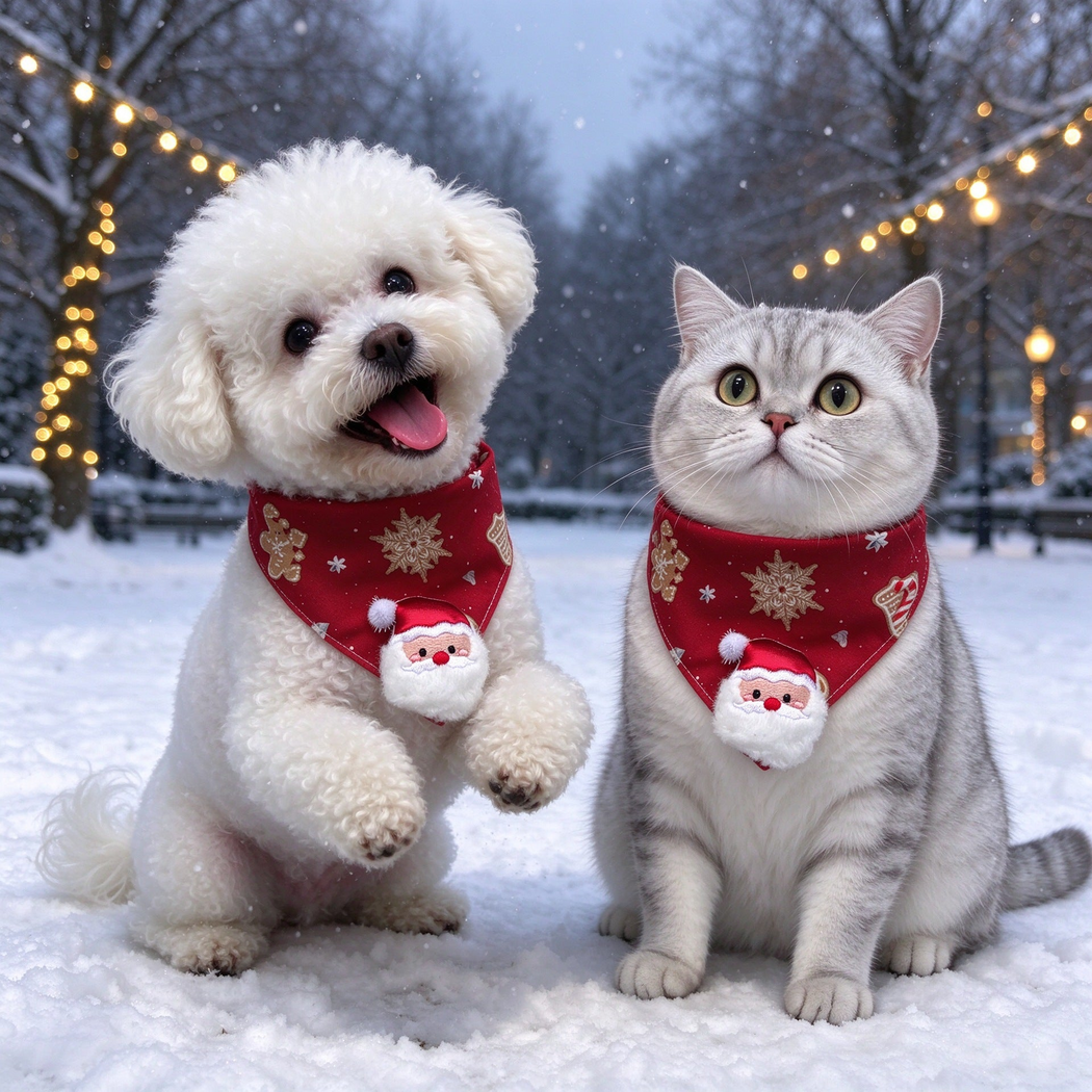 Dog and cat wearing Santa pet neckwear in a snowy outdoor setting