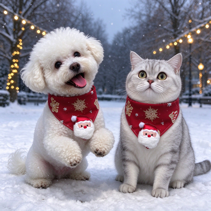Dog and cat wearing Santa pet neckwear in a snowy outdoor setting