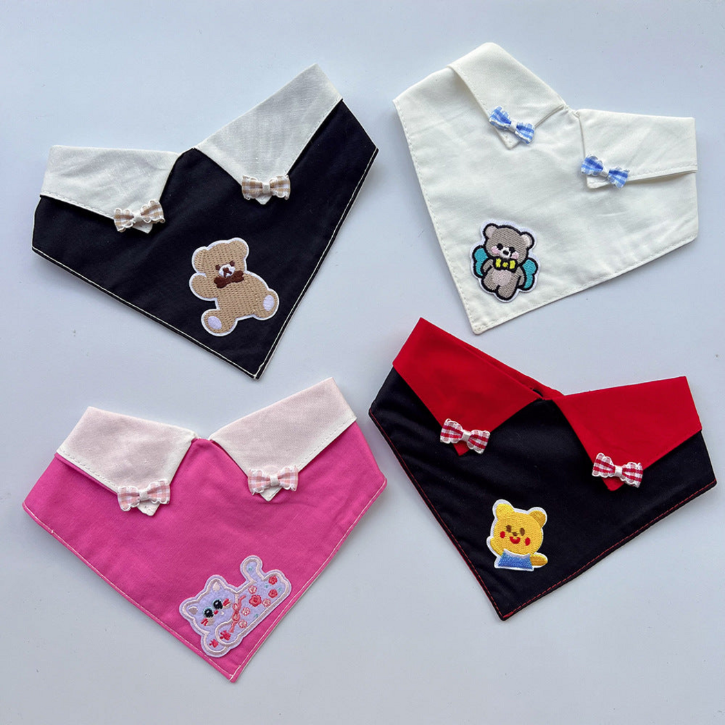 Four triangular Pet Neckwear designs with pointed collar flaps, gingham bows and character appliqués