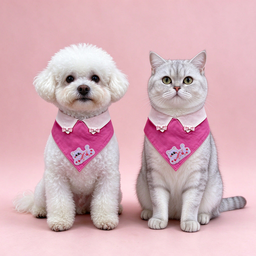 Dog and cat wearing Pink Pet Neckwear with pale collar points and cat appliqués