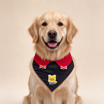 Golden dog wearing Red Pet Neckwear with gingham bows and a yellow bear appliqué