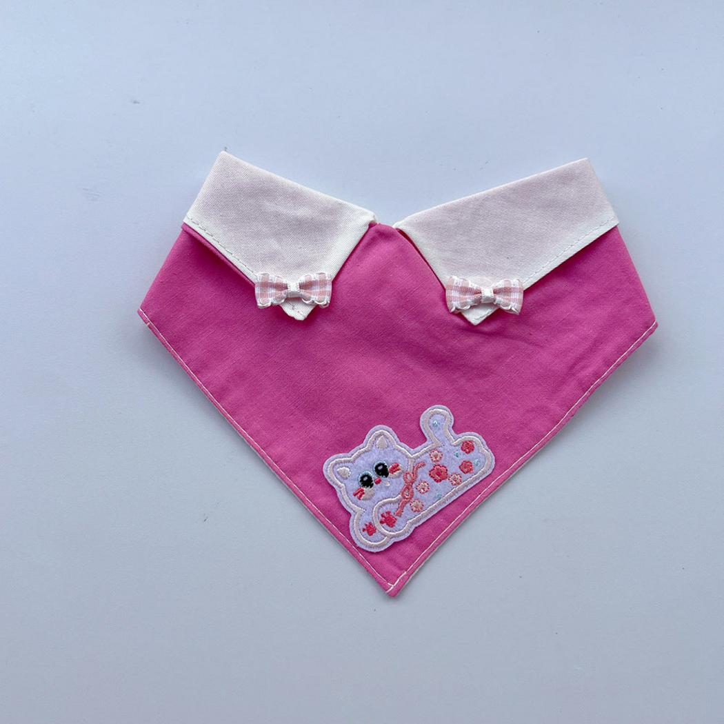 Pink Pet Neckwear with pale collar points, gingham bows and a floral cat appliqué