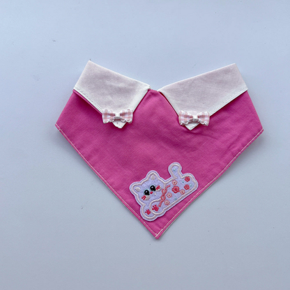 Pink Pet Neckwear with pale collar points, gingham bows and a floral cat appliqué