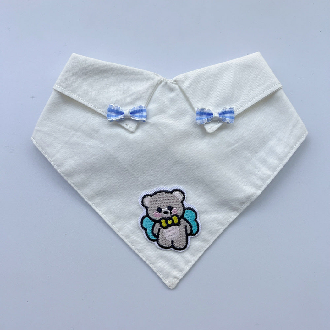 Blue Pet Neckwear design with a white front, blue gingham bows and bear appliqué
