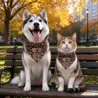 Brown leopard-print triangular pet neckwear worn by a dog and cat on a park bench