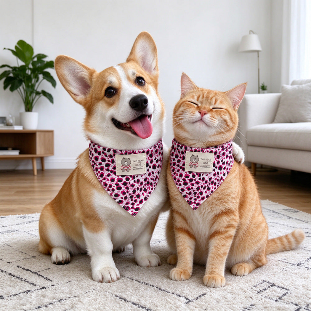 Pink leopard-print triangular pet neckwear worn by a dog and cat indoors