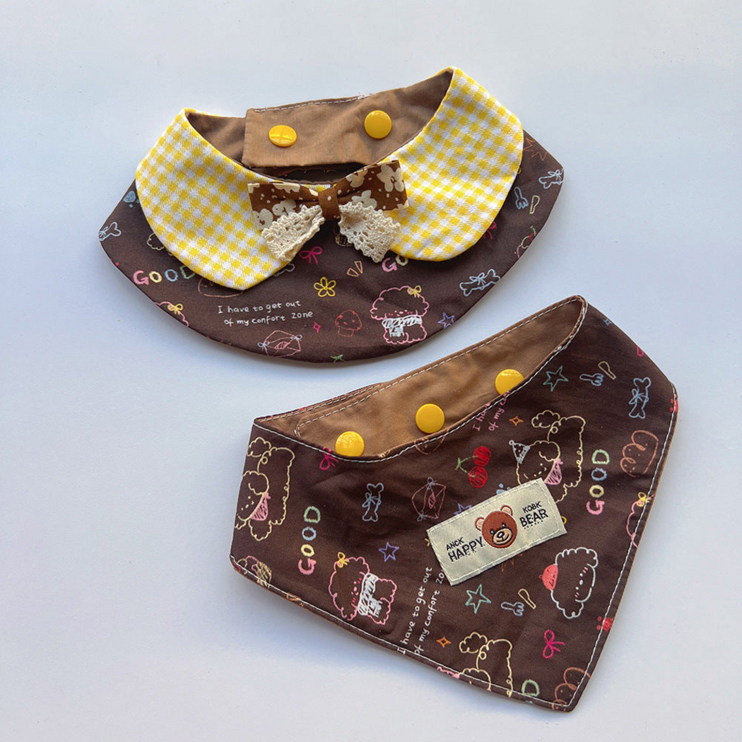 Peter Pan and Bandana pet neckwear displayed together, with brown cartoon patterns and yellow snap fasteners