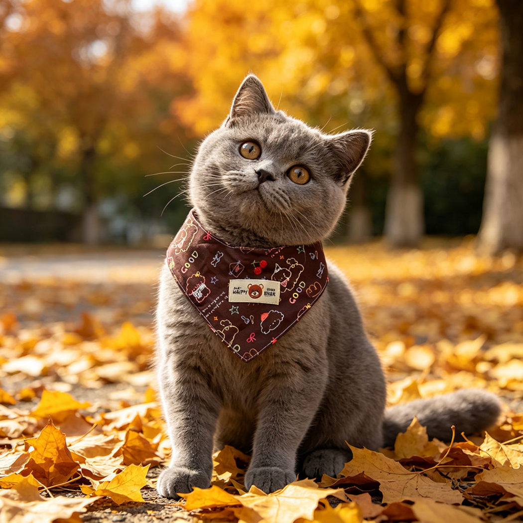 Gray cat wearing brown Bandana pet neckwear among autumn leaves