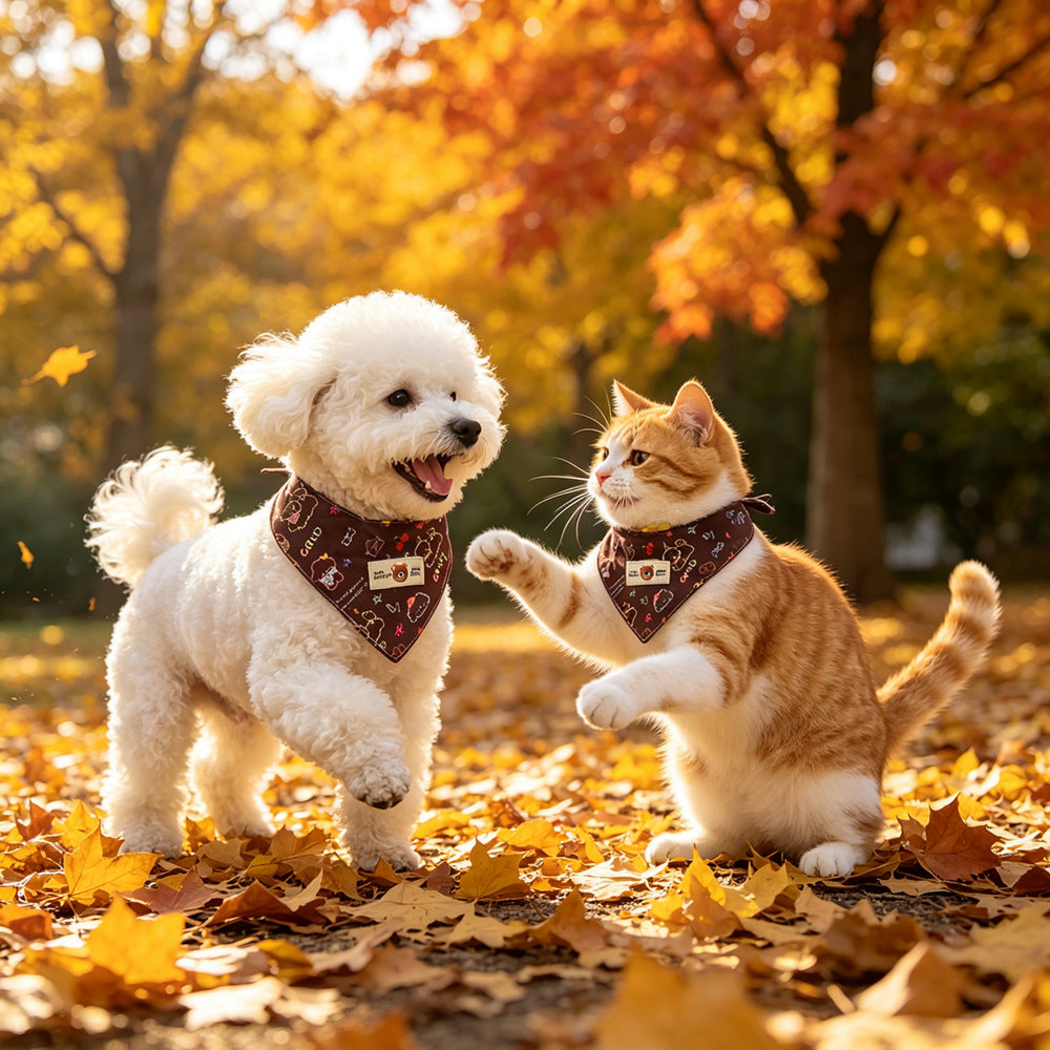 White dog and orange-and-white cat wearing brown Bandana pet neckwear outdoors
