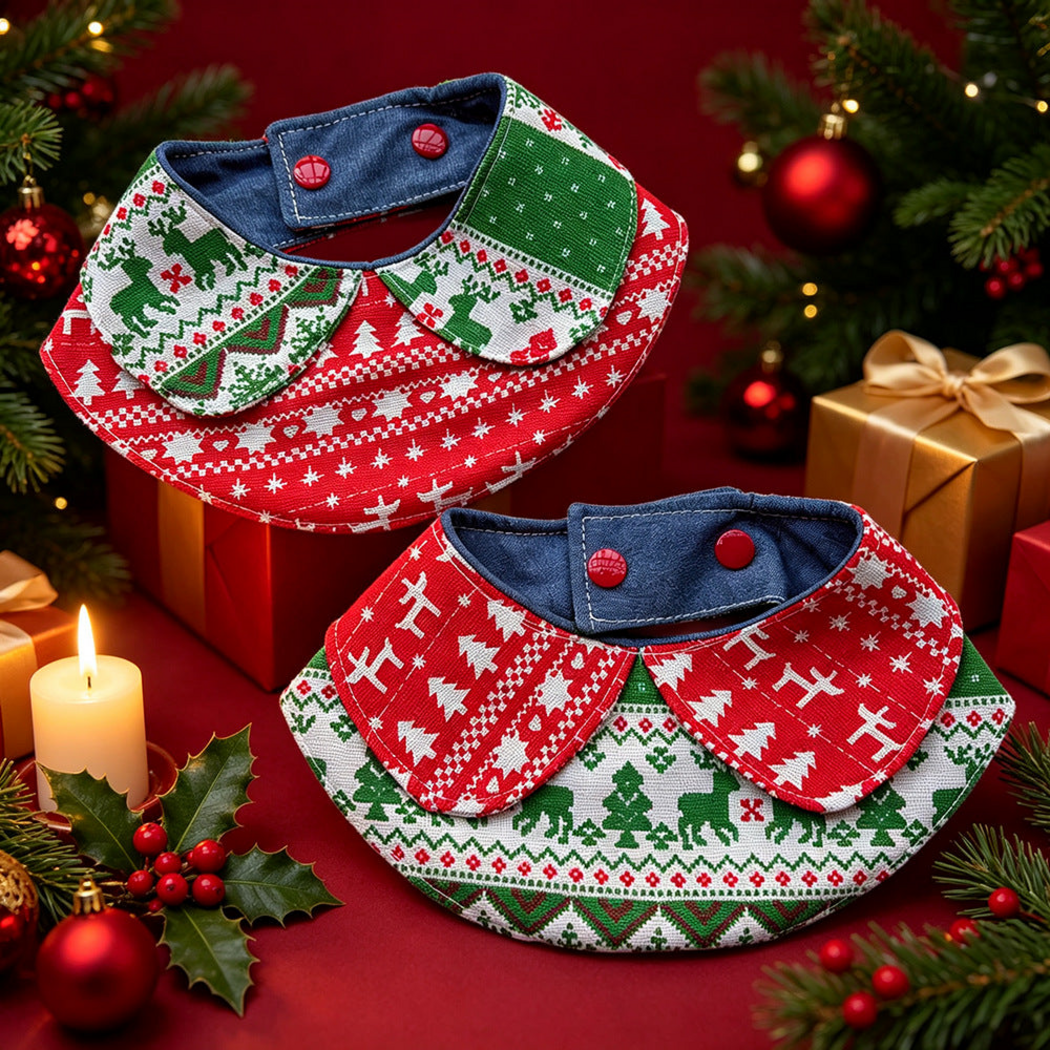 Green Bib and Red Bib pet neckwear displayed together with rounded flaps and visible blue inner layers
